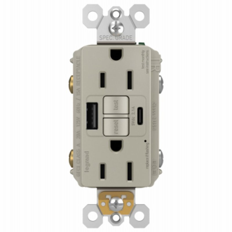 Legrand radiant 1597TRUSBACNIC4 GFCI Receptacle, 15 A, 125 V, 1-Gang, 2-USB Port, USB-A, USB-C USB, Nickel