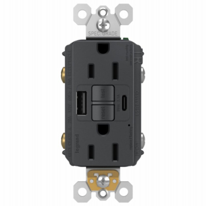 Legrand radiant 1597TRUSBACGC4 Self-Test GFCI USB Outlet, 2-Pole, 15/2.1 A, 125 VAC, 1-Gang, 2-USB Port, Graphite