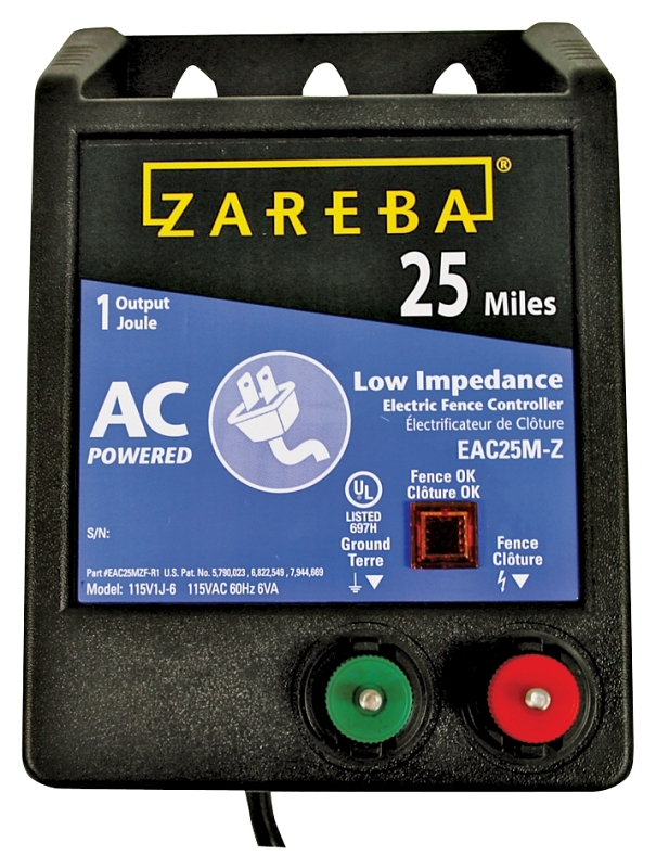 Zareba EAC25M-Z Electric Fence Charger, 1 J Output Energy, 115 V, 25, 12, 6 mile Fence Distance