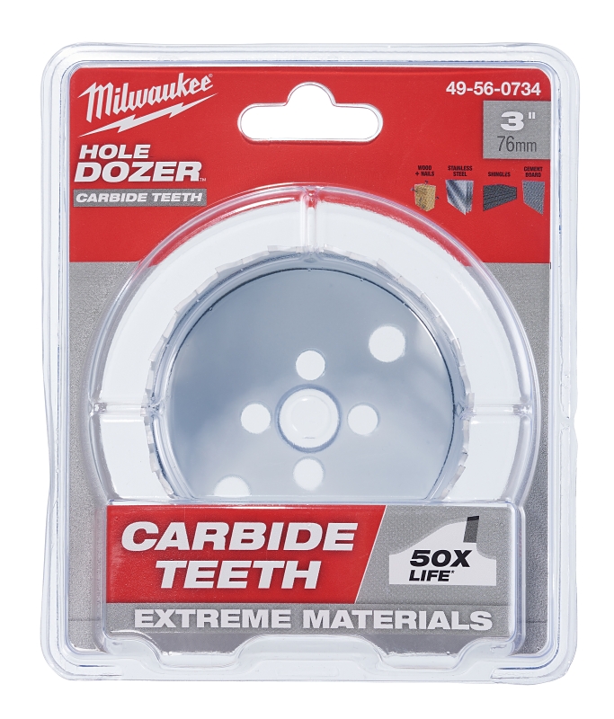 Milwaukee Hole Dozer 49-56-0734 Hole Saw, 3 in Dia, 1.62 in D Cutting, 5/8 in Arbor, 4 TPI, Carbide Cutting Edge