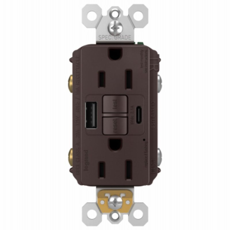 Legrand radiant 1597TRUSBACDBC4 Self-Test GFCI USB Outlet, 2-Pole, 15/2.1 A, 125 VAC, 1-Gang, 2-USB Port