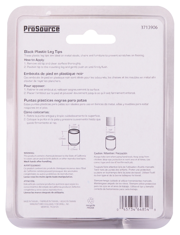 ProSource FE 50604 PS Furniture Leg Tip Round Plastic Black 7 8 in Dia 1 in H VORG3713906 FE 50604 PS