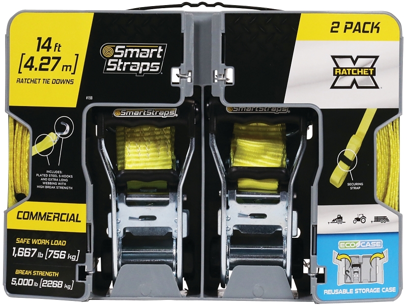 SmartStrap Rachet X Series 159 Stamped Rail Tie-Down, 1-1/2 in W, 14 ft L, Polyester/Steel, Yellow, 1667 lb