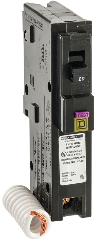 Square D Homeline HOM120DFC Miniature Circuit Breaker, Dual-Function, 20 A, 1-Pole, 120 V, Plug Mounting