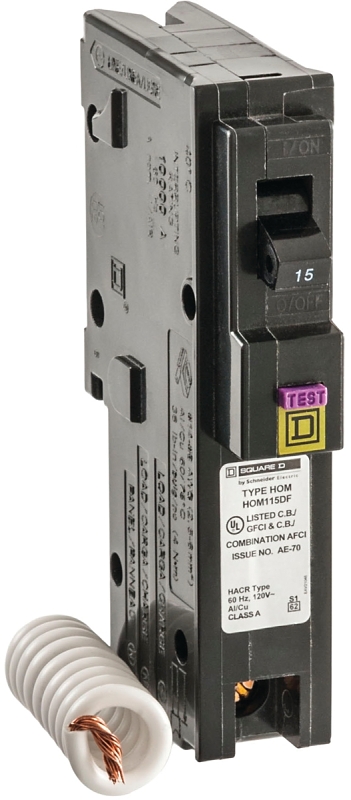 Square D Homeline HOM115DFC Miniature Circuit Breaker, Dual-Function, 15 A, 1-Pole, 120 V, Plug Mounting