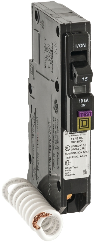 Square D QO115DFC Miniature Circuit Breaker, Combination AFCI, 15 A, 1-Pole, 120 V, Plug Mounting