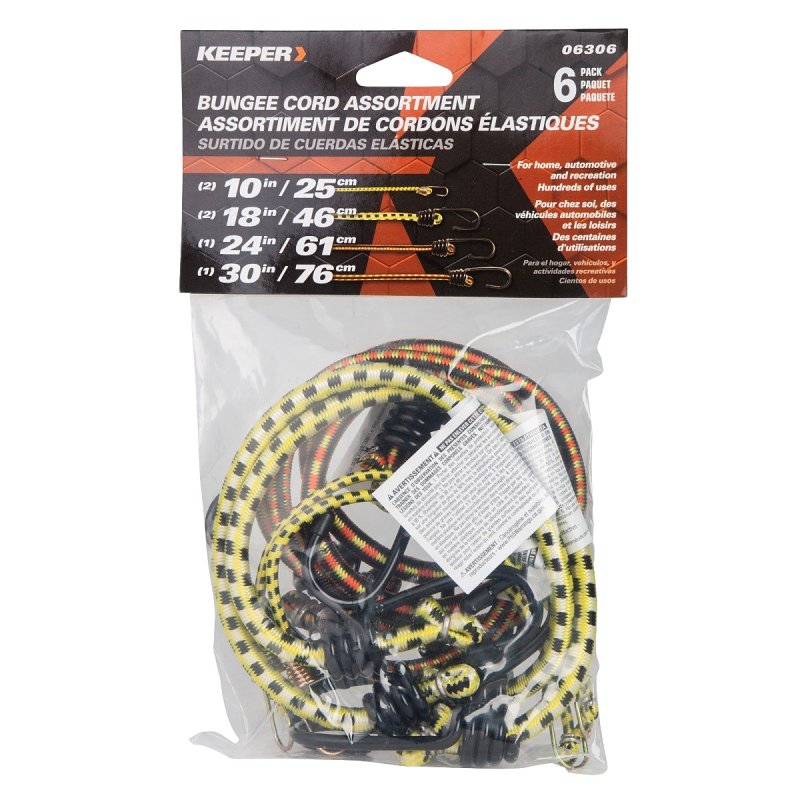 Keeper 06306 Bungee Cord, 10 in L, Rubber, Multi-Color, Hook End, Pack of 6