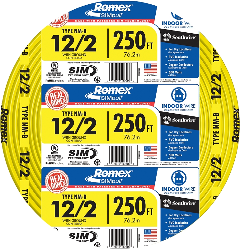 Romex 12/2NM-WGX250 Building Wire, 12 AWG Wire, 2-Conductor, 250 ft L, Copper Conductor, PVC Insulation, Nylon Sheath