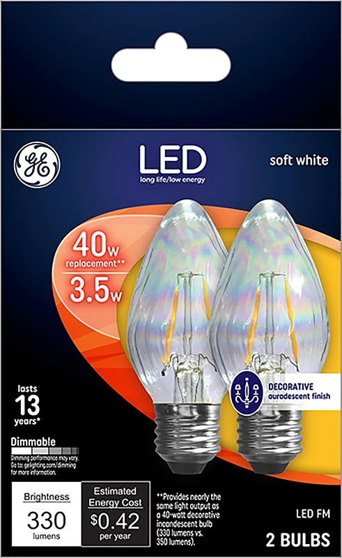 GE 93103494 LED Bulb, Decorative, F15 Lamp, 40 W Equivalent, Medium Lamp Base, Dimmable, Auradescent, Soft White Light
