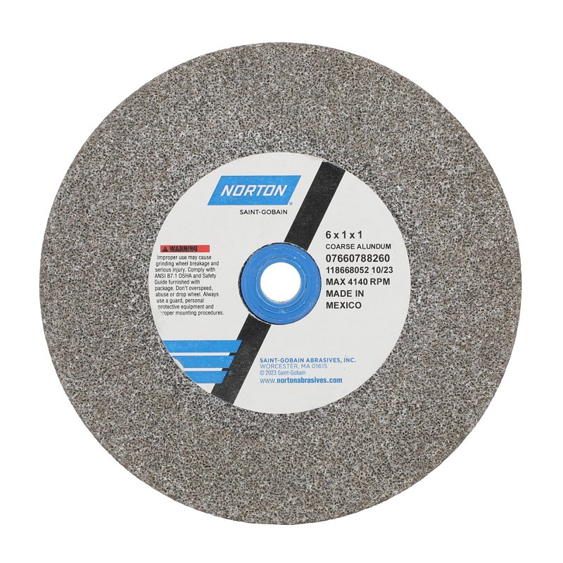 Norton 07660788260 Grinding Wheel, 6 in Dia, 1 in W, 1 in Arbor, 36 Grit, Coarse, Aluminum Oxide Abrasive