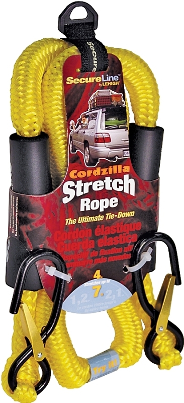 SecureLine CZB4 Stretch Rope, 8 mm Dia, 4 ft L, Polypropylene, Yellow, 400 lb Working Load