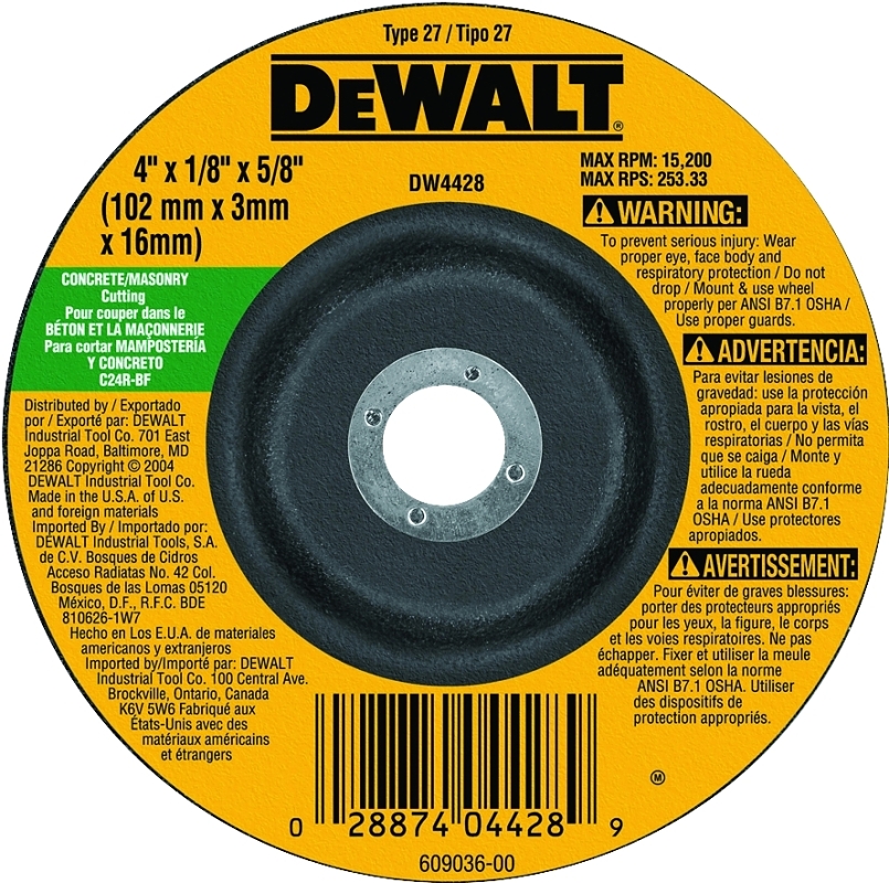 DEWALT HP DW4428 Grinding Wheel, 4 in Dia, 1/8 in Thick, 5/8 in Arbor, 24 Grit, Coarse, Silicone Carbide Abrasive