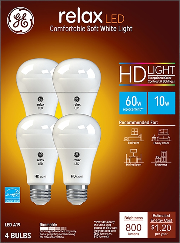 GE 96687 LED Bulb, General-Purpose, A19 Lamp, 60 W Equivalent, E26 Lamp Base, Dimmable, Soft White Light