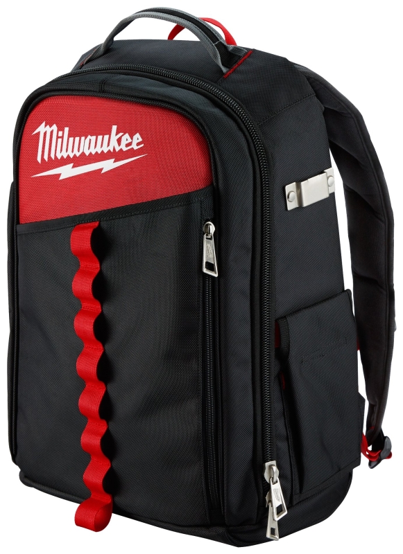 Milwaukee 48-22-8202 Low-Profile Backpack, 11.8 in W, 7.87 in D, 19.6 in H, 22-Pocket, 1680D Ballistic Nylon, Black/Red
