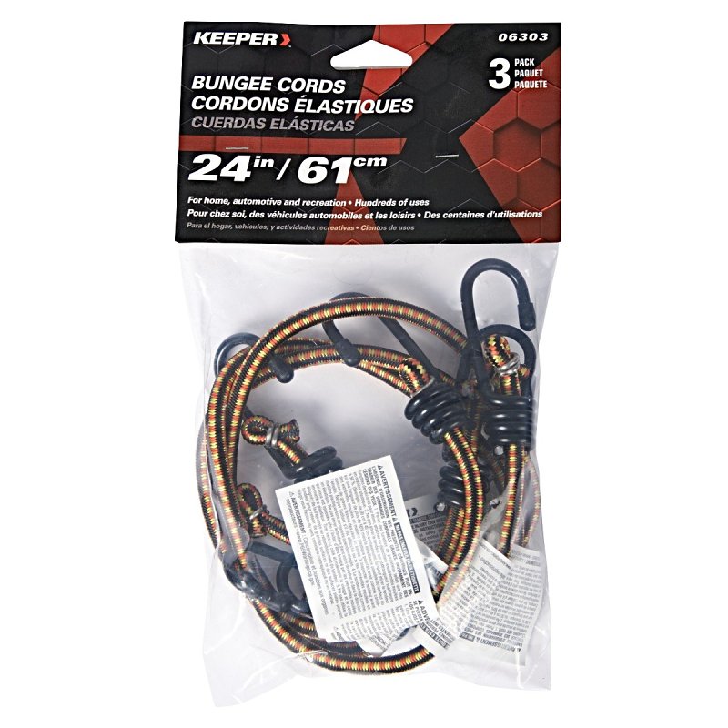 Keeper 06303 Bungee Cord, 24 in L, Rubber, Multi-Color, Hook End, Pack of 6