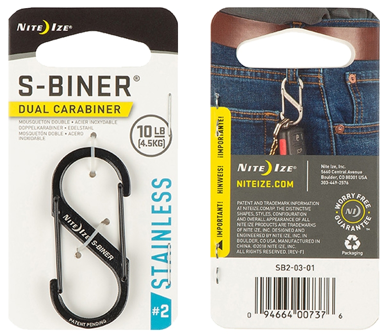 Nite Ize S-Biner Series SB2-03-01 Dual Carabiner, 1.9 in OAL, #2 Dia Ring, Stainless Steel, Black