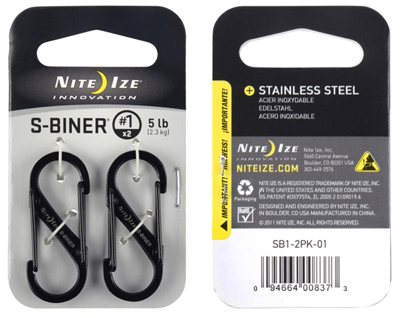 Nite Ize S-Biner Series SB1-2PK-01 Dual Carabiner, 1.6 in OAL, #1 Dia Ring, Stainless Steel, Black