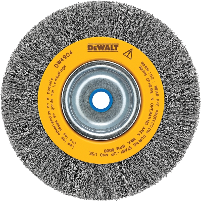 DEWALT HP DW4904 Wire Wheel Brush, 6 in Dia, 5/8 to 1/2 in Arbor/Shank, Crimped, Knotted Bristle, 0.014 in Dia Bristle