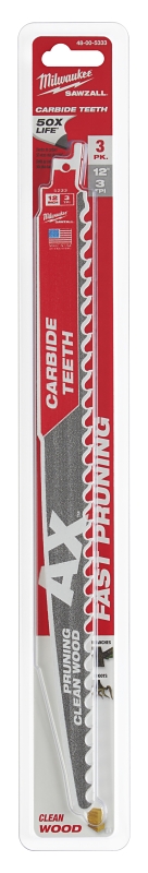 Milwaukee 48-00-5333 Pruning Blade, 12 in Blade, 3 TPI, Carbide Blade, For: Reciprocating Saws
