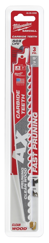 Milwaukee 48-00-5332 Pruning Blade, 9 in Blade, 3 TPI, Carbide Blade, For: Reciprocating Saws
