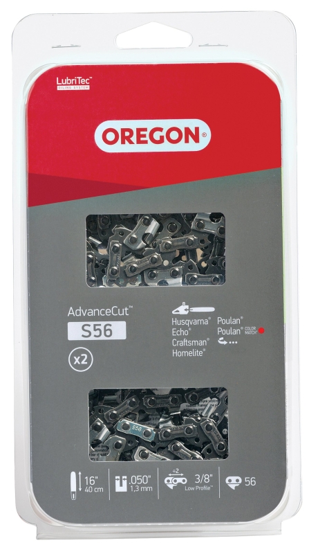 Oregon AdvanceCut Series S56T Chainsaw Chain, 91PX Chain, 16 in L Bar, 0.05 in Gauge, 3/8 in TPI/Pitch, 56-Link