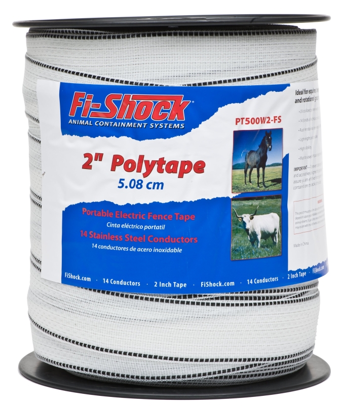 Fi-Shock PT500W2-FS Polytape, 500 ft L, 2 in W, 14-Strand, Stainless Steel Conductor, White