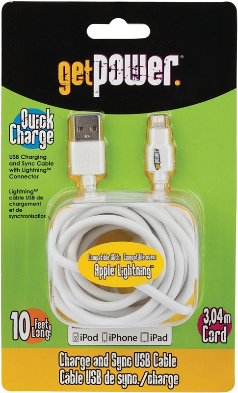 GetPower GP-XL-USB-L USB Charging and Sync Cable, USB, Apple Lightning, White, 10 ft L