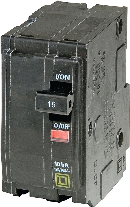 Square D QO215CP Miniature Circuit Breaker, 15 A, 2-Pole, 120/240 VAC, 48 VDC, Plug Mounting, Black