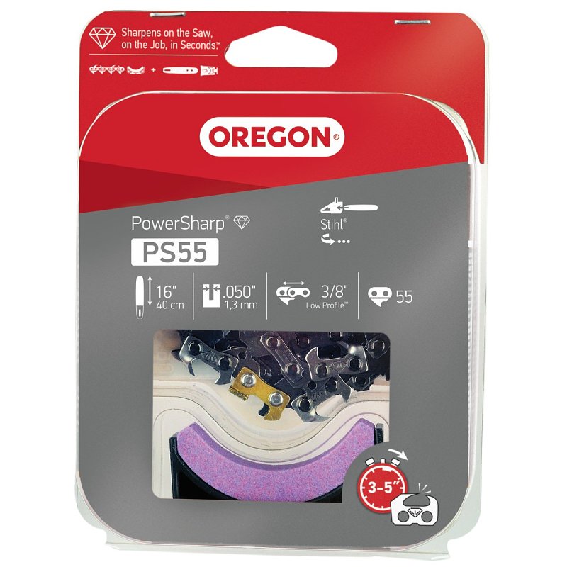 Oregon PowerSharp Series PS55 Replacement Chain with Sharpening Stone, 91PS Chain, 16 in L Bar, 0.05 in Gauge, 55-Link