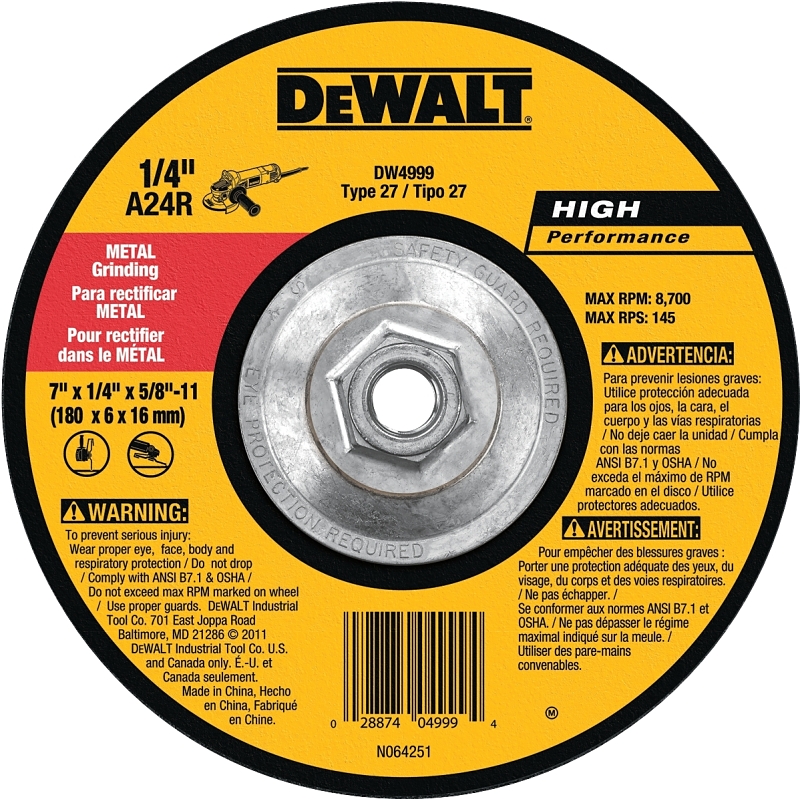 DEWALT HP DW4999 Grinding Wheel, 7 in Dia, 1/4 in Thick, 5/8-11 Arbor, 24 Grit, Very Coarse, Aluminum Oxide Abrasive