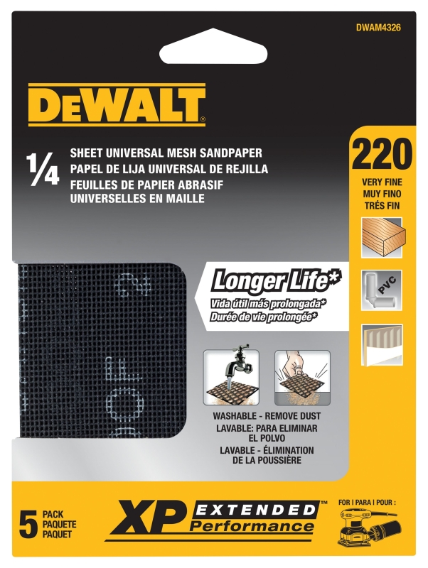 DEWALT XP DWAM4326 Mesh Sandpaper, 4-1/2 in W, 5-1/2 in L, 220 Grit, Very Fine, Silicone Carbide Abrasive