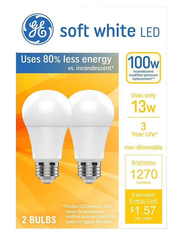 GE 93131322 LED Bulb, A19 Lamp, 100 W Equivalent, Medium Lamp Base, Non-Dimmable, Frosted, Soft White/Warm White Light