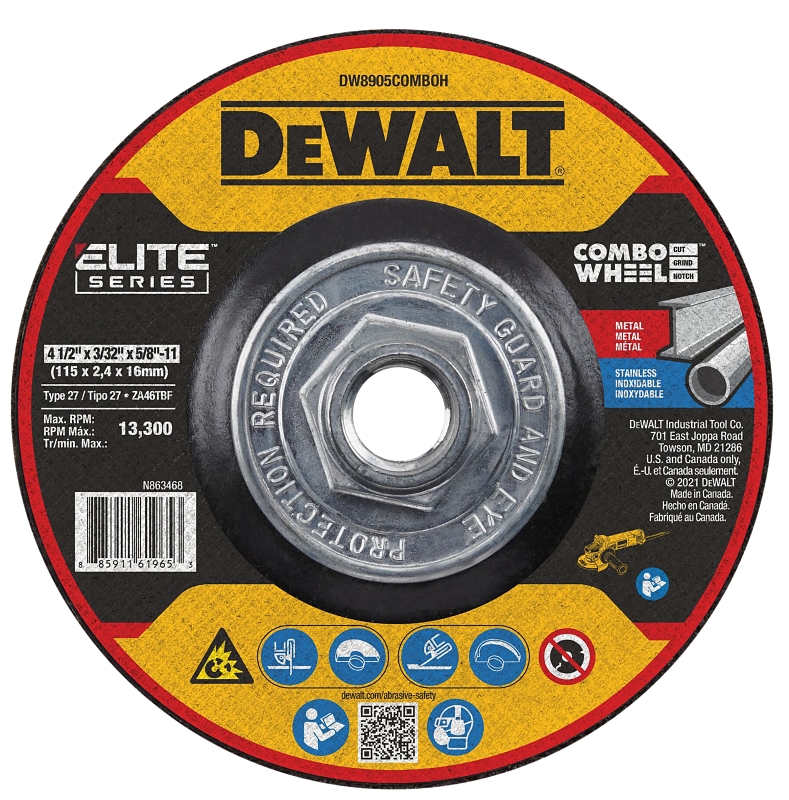 DEWALT ELITE Series DW8905COMBOH Cutting Wheel, 4-1/2 in Dia, 3/32 in Thick, 5/8-11 Arbor, 24 Grit, Ceramic Abrasive