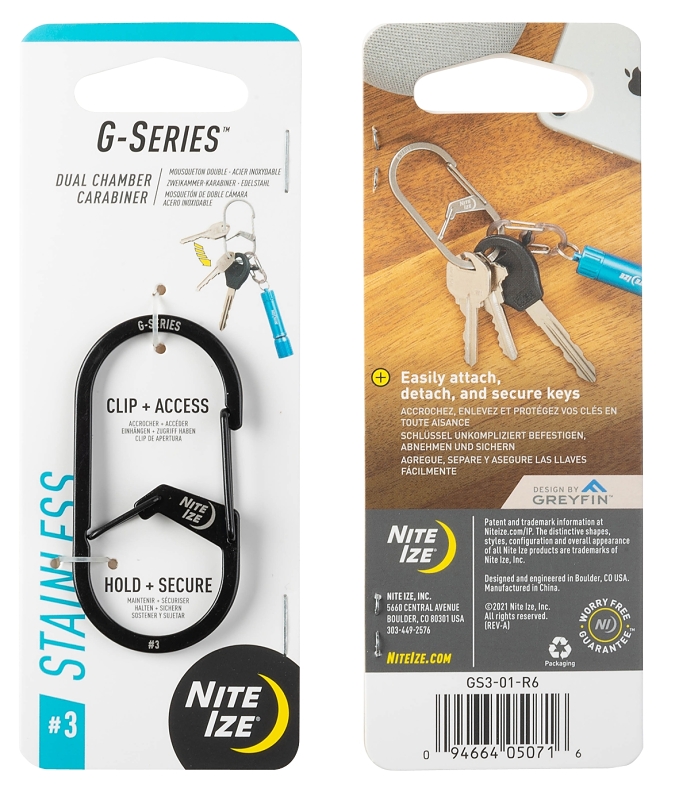 Nite Ize G Series GS3-01-R6 Dual Chamber Carabiner, 2-1/2 in OAL, #3 Dia Ring, Stainless Steel, Black