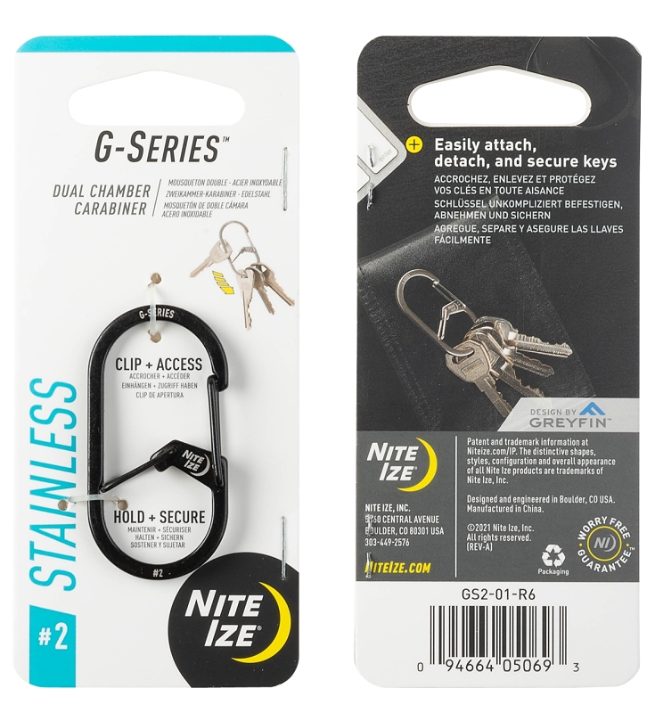 Nite Ize G Series GS2-01-R6 Dual Chamber Carabiner, 2 in OAL, #2 Dia Ring, Stainless Steel, Black