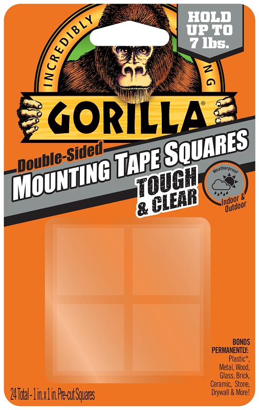 Gorilla 6067202 Mounting Tape, 1 in L, 1 in W, Clear