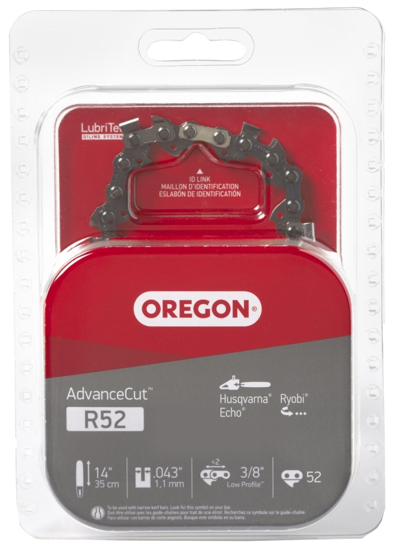 Oregon AdvanceCut Series R52 Chainsaw Chain, 90PX Chain, 14 in L Bar, 0.043 in Gauge, 3/8 in TPI/Pitch, 52-Link