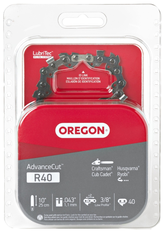 Oregon AdvanceCut Series R40 Chainsaw Chain, 90PX Chain, 10 in L Bar, 0.043 in Gauge, 3/8 in TPI/Pitch, 40-Link