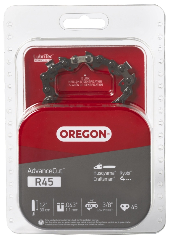 Oregon AdvanceCut Series R45 Chainsaw Chain, 90PX Chain, 12 in L Bar, 0.043 in Gauge, 3/8 in TPI/Pitch, 45-Link