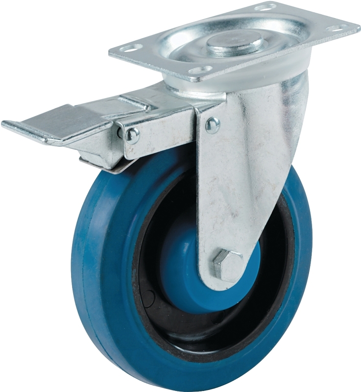Shepherd Hardware 9262 Swivel Caster with Brake, 4 in Dia Wheel, 1 in W Wheel, Rubber Wheel, Blue, 265 lb