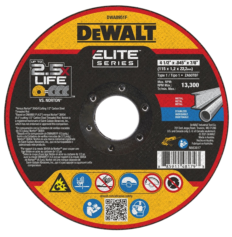 DEWALT ELITE Series DWA8951F Cut-Off Wheel, 4-1/2 in Dia, 0.045 in Thick, 7/8 in Arbor, Ceramic Abrasive