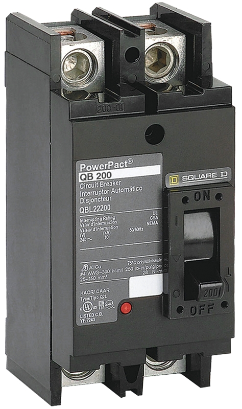 Square D QBL22200 Circuit Breaker, Type QBL, 200 A, 2-Pole, 240 V, Plug Mounting, Black