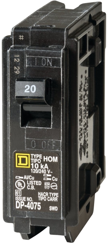 Square D Homeline HOM120C Miniature Circuit Breaker, Standard, 20 A, 1-Pole, 120 V, Plug Mounting, Black