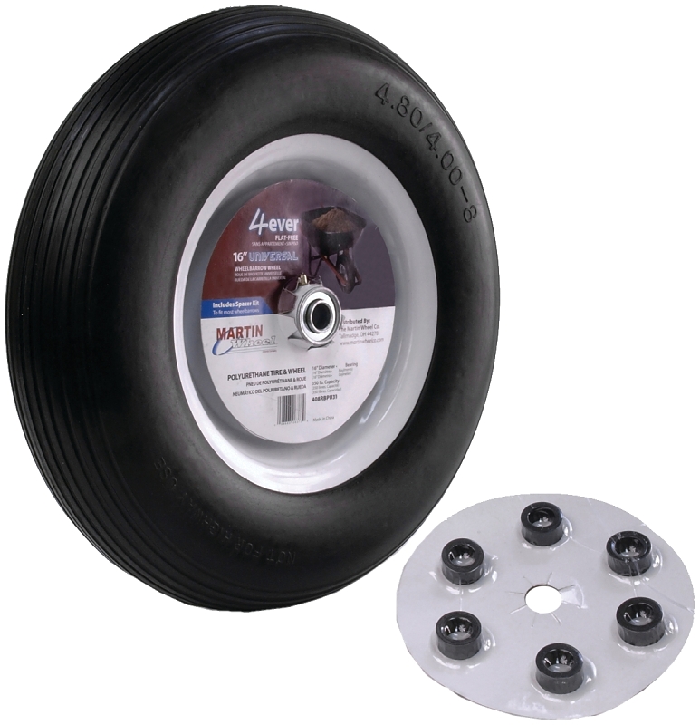 MARTIN Wheel 408RBPU31 Wheelbarrow Wheel with Universal Hub, 4.8 x 4/8 in Tire, 16 in Dia Tire, 4.8 in W Tire