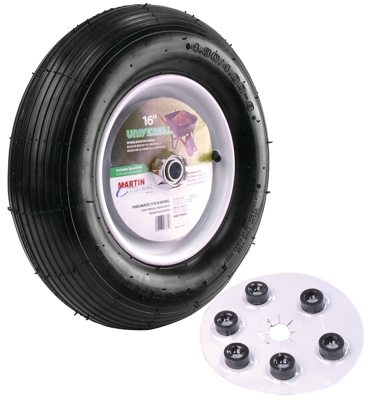 MARTIN Wheel 408TTRIB31 Wheelbarrow Wheel with Universal Hub, 4.8 x 4/8 in Tire, 16 in Dia Tire, 4.8 in W Tire