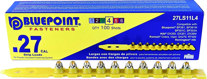 Blue Point Fasteners 27LS11L4 Low Velocity Load, 0.27 Caliber, Power Level:  #4, Yellow Code, 6.8 mm Dia, 11 mm L, Pack of 100 #VORG0622373, 27LS11L4