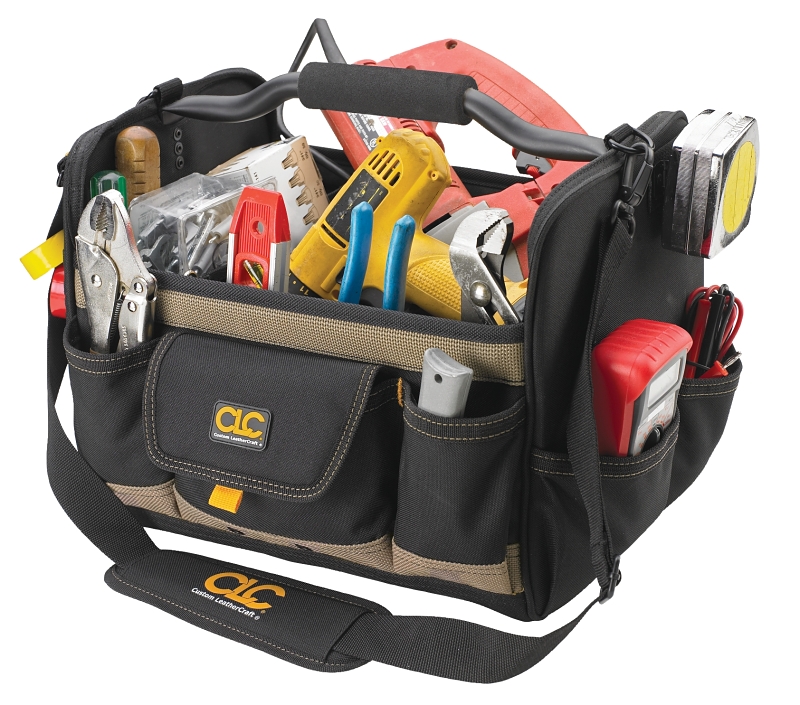 CLC TOOL WORKS 1578 Open Top Tool Bag, 11 in W, 11 in D, 14 in H, 21-Pocket, Polyester, Black