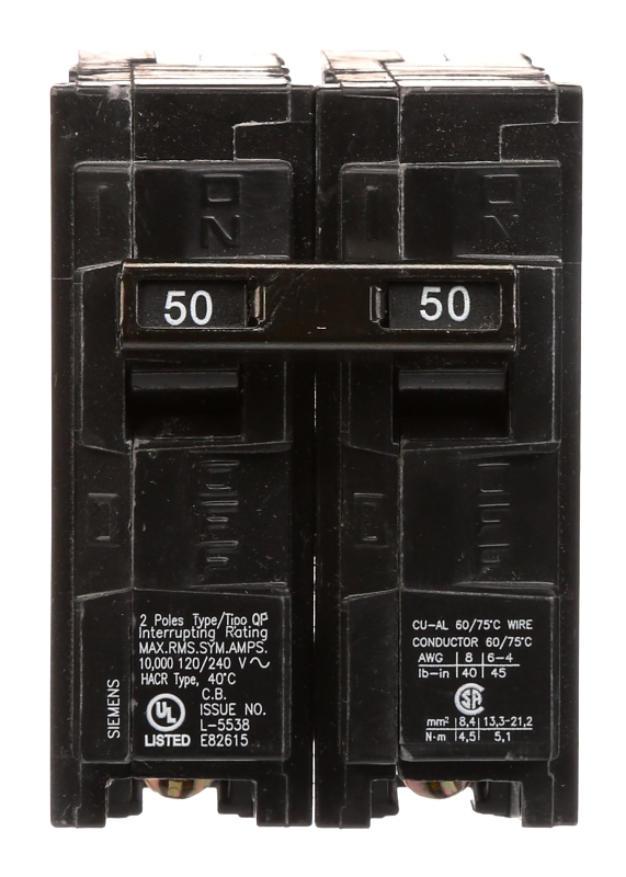 Siemens Q250 Circuit Breaker, Mini, 50 A, 2 -Pole, 120/240 V, Fixed Trip, Plug Mounting