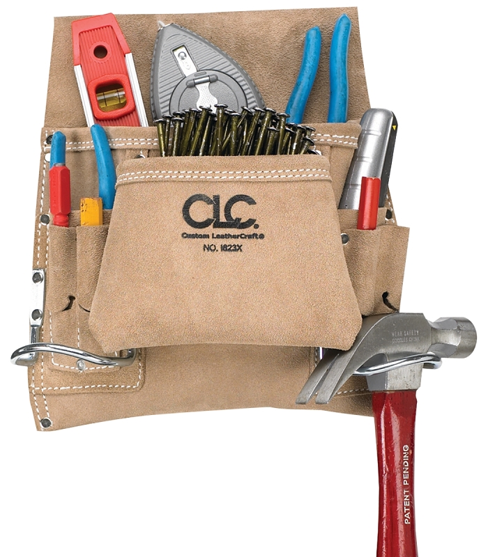 CLC TOOL WORKS I823X Carpenter's Nail/Tool Bag, 20 in W, 12 in H, 8-Pocket, Suede Leather, Tan