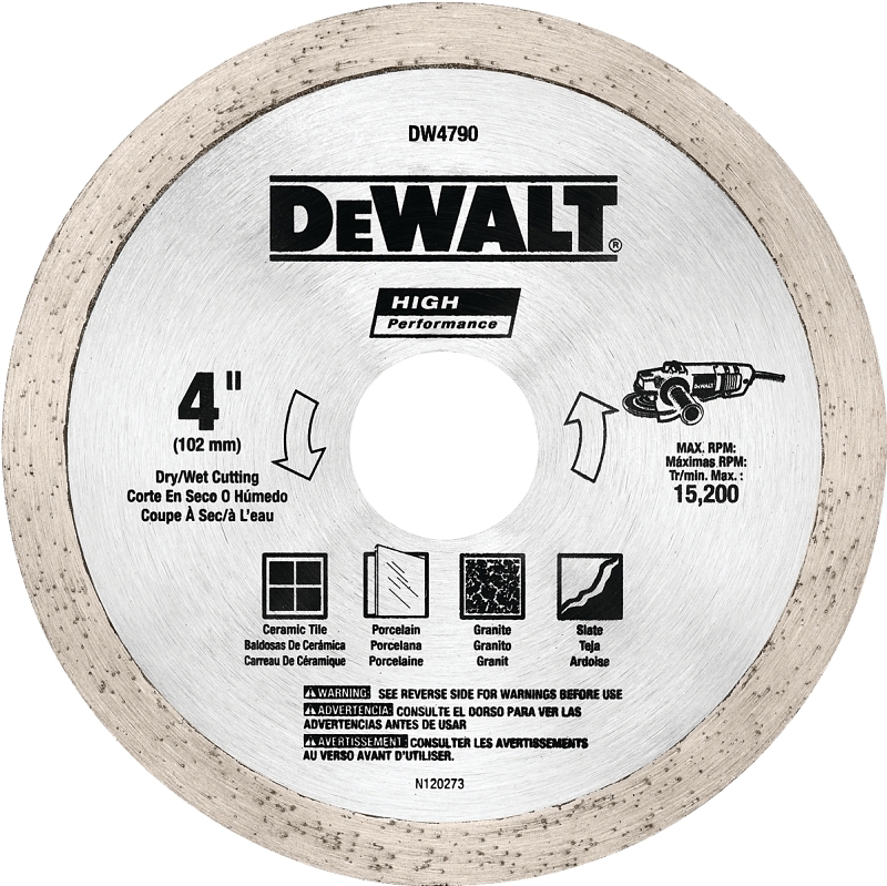 DEWALT DW4790 Wet/Dry Cutting Tile Blade, 4 in Dia, 0.06 in Thick, 5/8 to 7/8 in Arbor, Diamond Abrasive